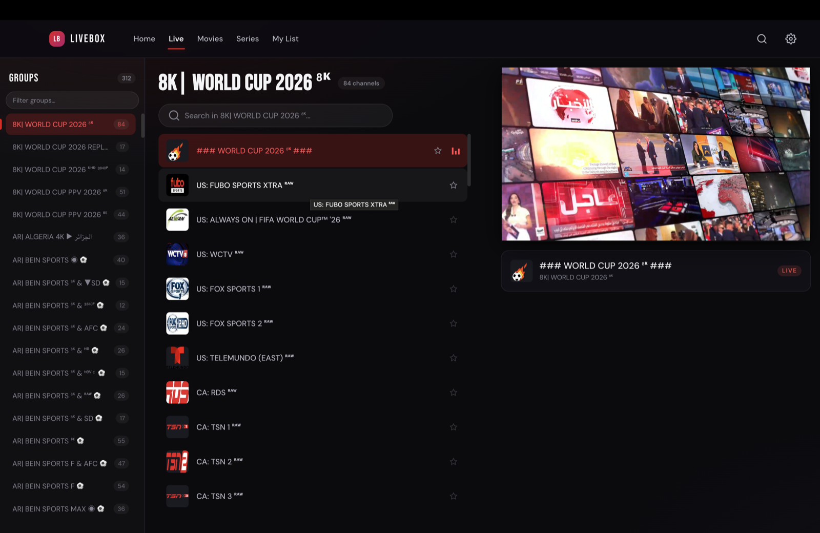 Live TV with a channel playing in the pinned player
